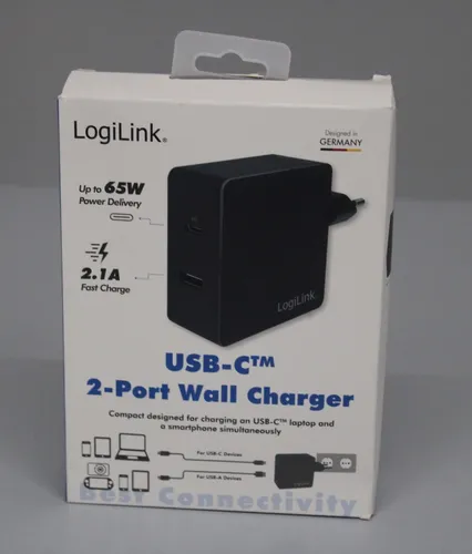 LogiLink USB Steckdosenadapter - 1x USB-A, 1x USB-C PD 65W, ideal für gleichzeitiges Laden von Smartphones und Tablets mit umfassendem Schutz
