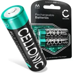 CELLONIC 2x Wiederaufladbare AA Batterien 2600mAh für Fernbedienung Taschenlampe – lange Laufzeit, viele Ladezyklen – Mignon HR6 AA Akkus - Schwarz