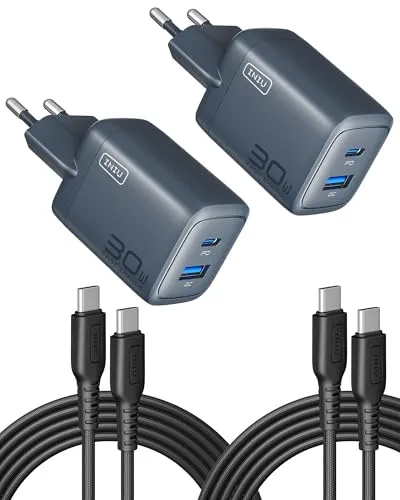 INIU 30W USB C Ladegerät 2-Pack, [USB-C + USB-A] Netzteil Mehrfach mit USB-C Kabel, PD 3.0 Schnellladegerät Stecker, USB C Adapter für iPhone 16 15 Pro Max, iPad Pro, Samsung S24 Ultra, Handy usw