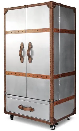 Casa Padrino Luxus Weinschrank Silber / Braun - Schreibtisch im Koffer Design, aus pflegeleichtem Aluminium und Echtleder, ideal für stilvolle Bars und Weinliebhaber.