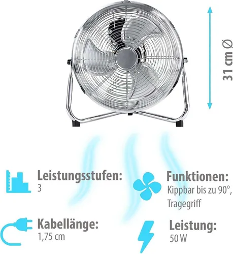 Grafner Bodenventilator Ø31 cm im Retro-Stil - Standventilator mit 3 Geschwindigkeitsstufen und 55 Watt Leistung, verstellbarer Neigungswinkel für individuellen Komfort, ideal für Zuhause oder Büro.