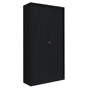 Lüllmann Rollladenschrank 555159, abschließbar, 100 x 195 x 46 cm, schwarz - Platzsparender und sicherer Rollladenschrank aus pulverbeschichtetem Stahl mit 4 höhenverstellbaren Fachböden. Ideal für Büros, inklusive 5 Jahre Garantie.