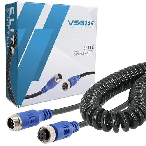 VSG24 Spiralkabel ELITE 4-PIN 5 Meter - Sonstiges Autozubehör, robustes und wetterfestes Kabel für Rückfahrsysteme, ideal für den Einsatz bei 12-36 Volt mit Anti-Vibrations-Verriegelung.