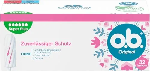 o.b. Tampons Original Super Plus 32 Stk. – zuverlässiger Schutz für starke Tage - Diese o.b. Original Super Plus Tampons bieten zuverlässigen Schutz bei starker Menstruation. Mit geschwungenen Rillen für optimale Flüssigkeitsaufnahme und einem 100% pflanzlich basierten Kern für ein angenehmes Gefühl.