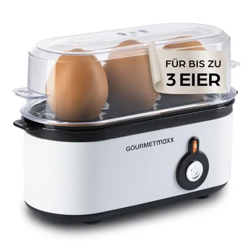 GOURMETmaxx Eierkocher für 3 Eier - Kompakter Eierkocher mit Messbecher & Eierstecher - Eierkocher für 3 Eier, ideal für perfektes Eierkochen mit nur einem Knopfdruck. Kompakt und leicht zu reinigen – perfekt für Frühstück zu Hause oder unterwegs!