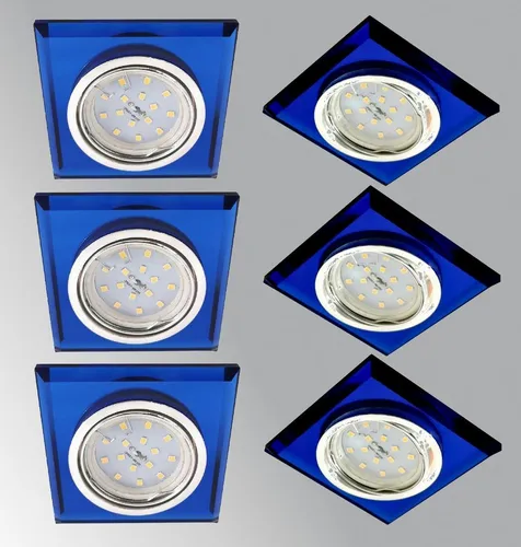 TRANGO LED Einbauleuchte, 6er Set 6736B-06MO *BLUE CRYSTAL* LED Deckenstrahler aus handgeschliffenem Echtglas & Alu inkl. 6x Ultra Flach 5 Watt LED Modul 3000K warmweiß, Einbauleuchte, Einbauspots, Deckenleuchte, Deckenspots, Badleuchte, Deckenlampe