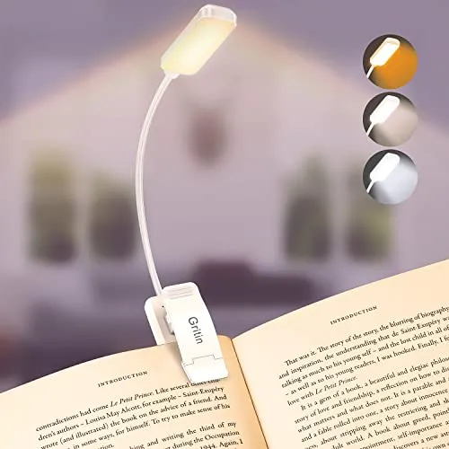 Gritin Leselampe Buch Klemme, Buchlampe, 3 Farbtemperatur Modi, Stufenlose Helligkeit Klemmlampe, USB Wiederaufladbare Klemmleuchte, 360° Flexibel für Nachtlesen ins Bett, beim Reisen usw. - Weiß