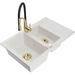 Mexen Gaspar 1,5-Becken-Granitspüle mit Abtropffläche und Mischbatterie Aster, Weiß - Elegante 1,5-Becken-Granitspüle mit praktischer Abtropffläche und stilvoller Mischbatterie. Ideal für moderne Küchen und tägliche Nutzung, leicht zu reinigen und langlebig.