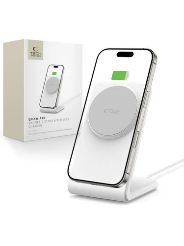 Tech-Protect QI15W-A38 MagSafe Ladegerät Weiß - Elegantes MagSafe-kompatibles Ladegerät mit 15 W Schnellladeleistung. Ideal für vertikales und horizontales Laden – perfekt für Streaming und Arbeiten. Die matte, rutschfeste Oberfläche sorgt für Stabilität und verhindert Fingerabdrücke.