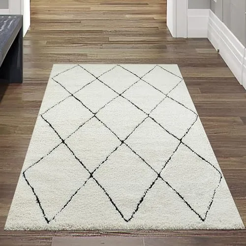 Carpetia Hochflor Teppich Skandinavisch Rautenmuster - Hochflor-Teppich in modernem Rautenmuster, pflegeleicht und ideal für Wohnzimmer, mit robuster Oberfläche und Fußbodenheizungsgeeignet.