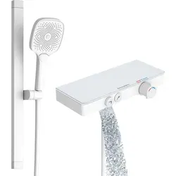 Rainsworth Duschsystem mit Thermostat und Glasablage - Brausegarnituren mit 3 Strahlarten und selbstreinigenden Antikalk-Düsen für ein komfortables Duscherlebnis. Die elegante matte Schwarz-Optik verleiht Ihrem Bad einen modernen Touch.