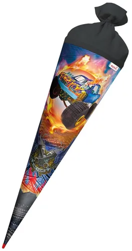 ROTH Schultüte groß Monstertruck Fire 70 cm - Rund, hochwertiges Motiv für Schulanfang, begeistert Jungen mit Action-Motiv und Filzverschluss