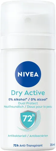 NIVEA Dry Active Deo Spray Mini 35 ml - Deo ohne Ethylalkohol für 72h Anti-Transpirant-Schutz, antibakteriell mit Dual-Active-Formel für ein frisches, trockenes Gefühl.