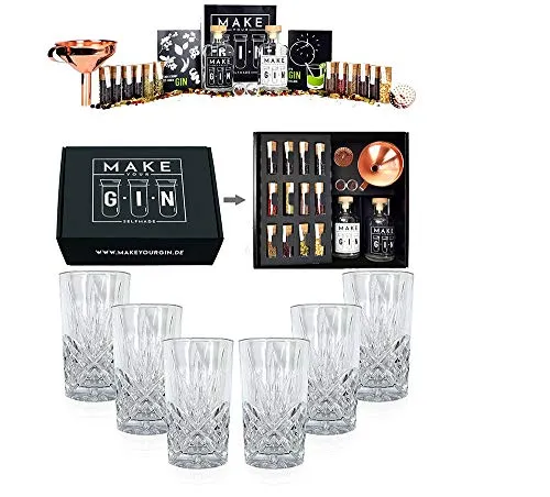 Make Your Gin Geschenkset schwarz Geschenkbox Gin zum Selbermachen - 11 Botanicals - Kopi Luwak von freilebenden Tieren+ Bar Trichter + Anleitung mit Rezept + 6er Set Longdrinkglas