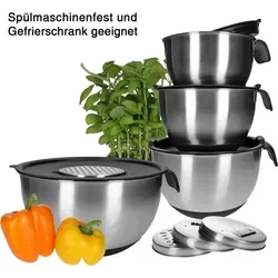 13tlg Edelstahl Rührschüssel Set mit Deckel & Reibeeinsätzen - Vielseitiges 13-teiliges Set aus rostfreiem Edelstahl 18/10 mit Deckeln und 4 Reibeeinsätzen für einfaches Rühren und Servieren. Lebensmittelsicher, stabil und pflegeleicht – ideal für jede Küche!