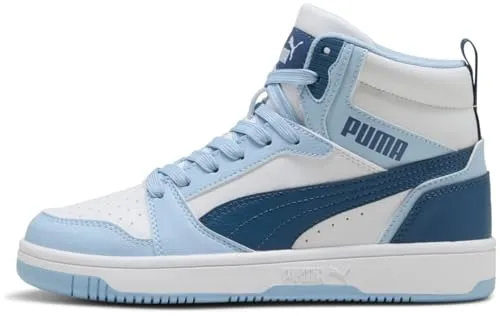 PUMA REBOUND V6 MID JR Sneaker - Sportliche Kinder Sneaker in PUMA White-Dark Indigo-Haute Tropic, mit bequemer SOFTFOAM+ Dämpfung für hohen Tragekomfort und retro-inspirierter Optik.