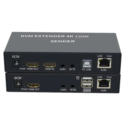 4K HDTV 120M KVM Extender HDMI-kompatibel USB-A Tastatur Maus 3,5 mm AUX Aluminiumlegierung auf CAT6 RJ45 LAN Ethernet Extender (120 m)
