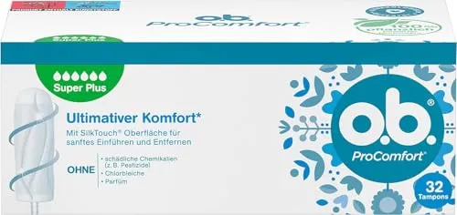 o.b. ProComfort Super Plus Tampons 32 Stk. – Sanft und zuverlässig - Zuverlässiger Schutz bei starker Menstruation mit SilkTouch Oberfläche für einfaches Einführen. Die Dynamic Fit Technologie sorgt für optimale Anpassung und Komfort. 100% pflanzlich basierter Kern, gynäkologisch getestet.
