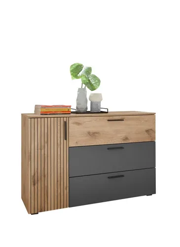 PREISBRECHER Sideboard Daria - 1 Tür & 3 Schübe in Viking Oak Dekor - Stylisches Sideboard mit 1 Tür und 3 Schubladen, ideal für Ihr Wohnzimmer. Robustes Melaminmaterial in ansprechendem Viking Oak Dekor sorgt für eine moderne Optik und praktische Stauraumlösungen.