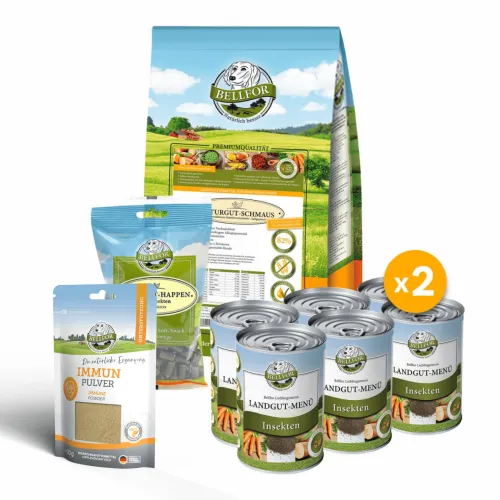 Bellfor Leishmaniose Set für Hunde - Hundefutter mit 12 x 400g Landgut-Menü, 80g Immun Pulver und 200g Landgut-Happen. Ideal für empfindliche Hunde mit hypoallergenen Insektenproteinen und frei von künstlichen Zusätzen.