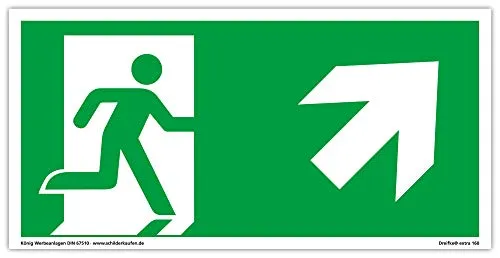 Schild Notausgang | extra langnachleuchtend | PVC selbstklebend 297x148mm | gemäß ASR A1.3 DIN 7010 DIN 67510 | Notausgangsschild rechts schräg aufwärts | Fluchtweg Rettungsweg | Dreifke® extra 160