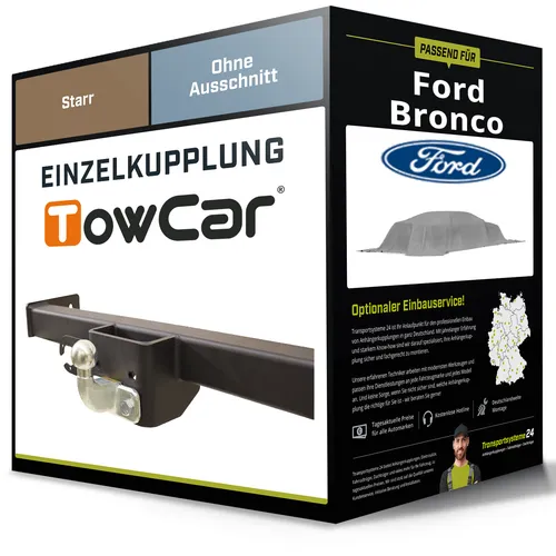 Starre Anhängerkupplung für FORD Bronco (09.2020-heute) von TowCar - Hochwertige starr AHK für FORD Bronco, keine Eintragung notwendig, maximale Anhängelast 2500 kg, inklusive Montagezubehör für einfachen Einbau.