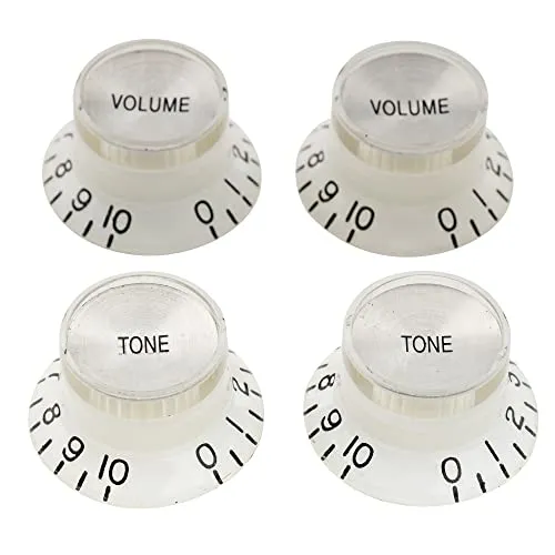 Musiclily Pro Metrische Größe 18 Splines 2 Volume 2 Tone Bell Potiknopfe Top Hat Reflector Knobs Set für Epiphone Les Paul SG Style E-Gitarre, Weiß mit Silber Top (4er Set)