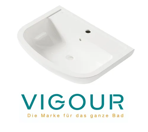 VIGOUR ONE Waschtisch 65 x 47 cm, weiß - Waschbecken aus hochwertigem Kristallporzellan mit praktischer Ablagefläche und tiefem Innenbecken – ideal für stilvolle Gästebäder.
