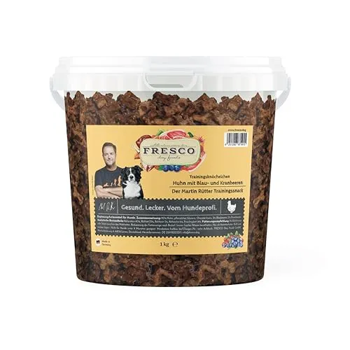 Fresco Martin Rütter Trainingsknöchelchen Huhn mit Blaubeeren & Kranbeeren für Hunde - Leckeres Trockenfutter mit 90 % Huhn und wertvollen Früchten, ideal für die Belohnung und Motivation Ihres Hundes beim Training.