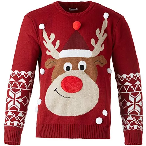 dressforfun Kinder Weihnachtspullover Rudi Rentier, rot - Diverse Größen - Witziger Strickpullover mit Rentier-Motiv und Schneeflocken für Kinder. Angenehm weich und warm, ideal für die kalte Jahreszeit. Erhältlich in verschiedenen Größen.
