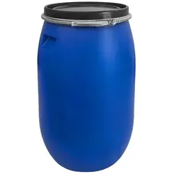 plasteo® 120 Liter Weithalsfass mit Deckel und Spannring - Regentonne mit 120 Litern, lebensmittelecht und vielseitig einsetzbar – ideal für Garten, Lager und Bauanwendungen.