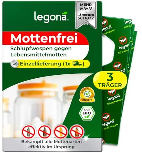 Legona Schlupfwespen gegen Lebensmittelmotten - 1 Lieferung mit 3 Träger - Mottenschutz für Küche und Vorrat - Alternative zur Mottenfalle