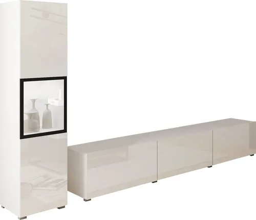 INOSIGN Wohnwand BERLIN I - Modernes Komplett-Set mit Vitrine - Wohnzimmerschrank Komplett-Set mit grifflosem Design und eleganter Glasvitrine. Breite 220 cm, ideal für stilvolle Wohnräume.