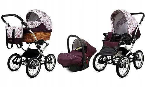 Babylux® Classic Exclusive 3in1 Kinderwagen Set - Maroon Flowers - Vielseitiger Kombikinderwagen für Neugeborene und Kleinkinder bis 15 kg. Mit leichtem Aluminiumrahmen, Sicherheitsgurten und verstellbarer Rückenlehne für optimalen Komfort und Sicherheit unterwegs.