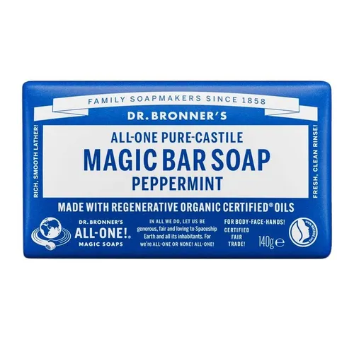 Dr Bronners Castille Soap Peppermint - Flüssig-Handseife mit ätherischen Ölen, zertifiziert biologisch und verwöhnt die Haut mit einer sanften Schaumbildung im erfrischenden Duft von Pfefferminze.