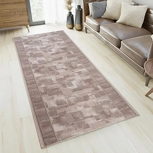 TAPISO Anti Rutsch Teppich Läufer 67 x 140 cm - Moderner rutschfester Teppichläufer in Grau-Beige mit verwischtem Figuren Design, ideal für Flur, Küche und Wohnzimmer.