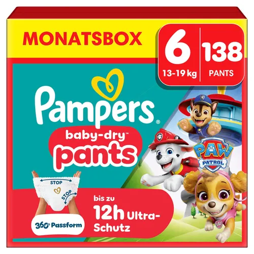 Pampers Baby-Dry Pants Paw Patrol, Gr. 6 Extra Large - Windeln für aktive Babys, 138 Pants in der Monatsbox. 3x Schutz mit Stop & Schutz System für optimalen Auslaufschutz und 360° Passform.