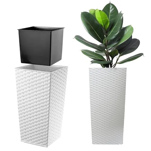 KADAX Pflanzkübel mit Innentopf, Höhe 68cm, Weiß Rattan – Wetterfester Blumentopf für Innen & Außen, ideal für Garten, Balkon & Terrasse, zum Bepflanzen, Dekorieren und als stilvoller Übertopf