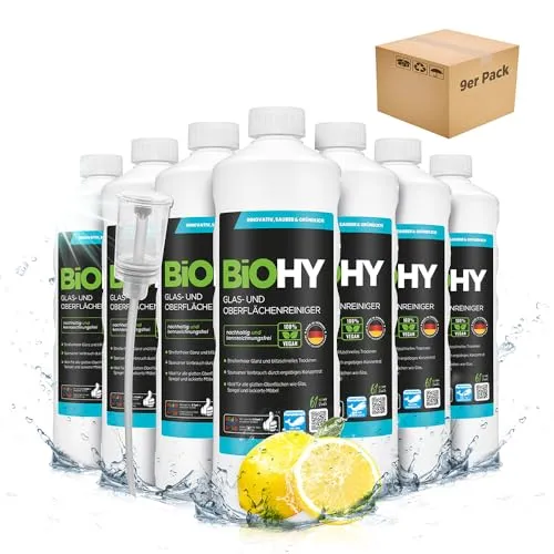 BiOHY Glas- und Oberflächenreiniger (9 x 1 Liter) + Dosierer | Glasreiniger Konzentrat für streifenfreien Glanz | ergiebiger Glas & Kunststoffreiniger | Fettlöser & Kalkreiniger