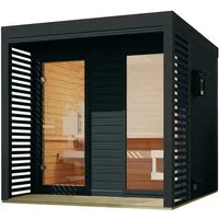 Karibu Saunahaus Angelus XL inkl. Anbau und Saunaofen - Saunen mit 38 mm Wandstärke für optimale Isolierung und Energieeffizienz, ideal für entspannende Wellnessmomente im eigenen Garten.
