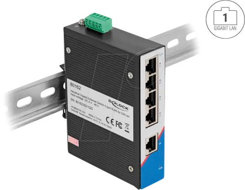 DELOCK 80162 - Industrie Gigabit Ethernet Switch 5 Port RJ45 - Robuster Netzwerk-Switch für Hutschiene mit redundanter Spannungsversorgung (9 V bis 48 V) und idealen Bedingungen für Anwendungen mit hoher Verfügbarkeit.