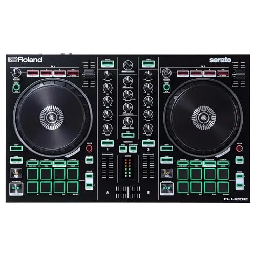 Roland DJ-202 DJ Controller - 2-Kanal-Controller für Serato Intro mit vier Decks, integriertem Sequenzer und legendären Roland Drum Kits für kreative Beatproduktion.
