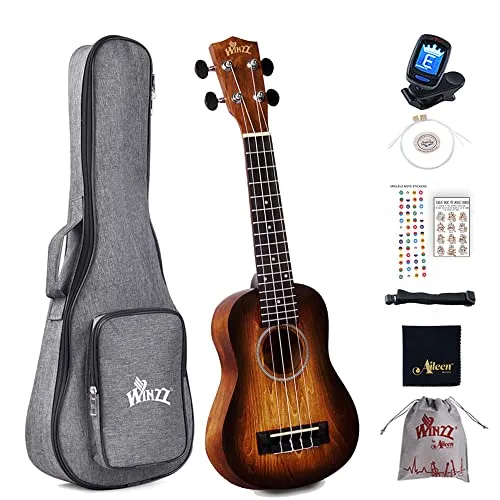 Winzz 21" Sopran Ukulele Anfänger Set Kinderm Erwachsene, Einzigartiges Farbdesign, mit Tasche, Stimmgerät, Zusätzlichen Saiten, Gurt, Noten-Aufkleber, Poliertuch-Braun