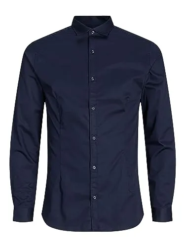 JACK & JONES Herren Freizeit Hemd JJPRPARMA Slim Fit - Herrenhemden in Navy Blazer, aus glänzendem Satinstoff, Extra Slim Fit für einen modernen Look.