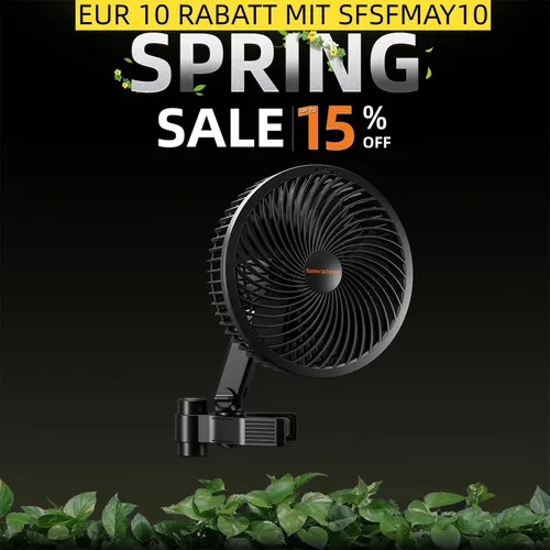 Spider Farmer 6" Clip Ventilator mit EC Motor und 10 Geschwindigkeiten - Kompakter Clip-On Ventilator für drinnen und draußen mit starker Halterung, 10 Geschwindigkeiten und leiser Betriebslautstärke. Ideal zur Luftzirkulation und für den täglichen Einsatz.