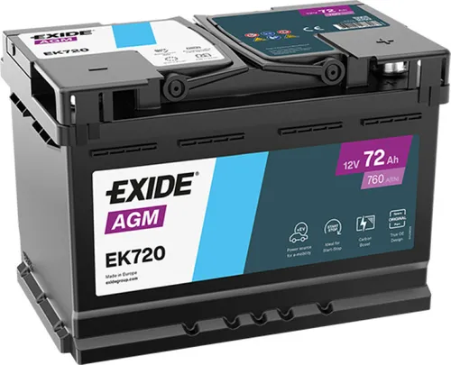 Exide EK720 AGM Autobatterie 12V 72Ah EN760A - AGM Starterbatterie für PKW mit 760A Kaltstartstrom, wartungsfrei und ideal für Fahrzeuge mit Start-Stopp-System. Hohe Leistung und Zuverlässigkeit garantiert.