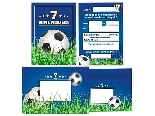 Limonia 12 Einladungskarten incl. 12 Umschläge zum 7. Kindergeburtstag Fußball Einladung Geburtstag Mädchen Kinder Jungs Jungen Boys Fussball Turnier blau