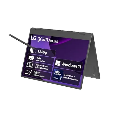 LG Convertible Notebook "Gram Pro 16" 2in1, 16GB RAM, 1TB SSD, Windows 11 Home - Laptops, 2in1 Convertible mit 16 GB RAM und 1 TB SSD für blitzschnellen Zugriff und optimale Leistung, ideal für kreative Profis und Vielreisende.