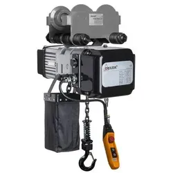 DELTA® Elektrischer Kettenzug DTS mit Handfahrwerk 400V - 3t und 10m Hubhöhe - Robuster elektrischer Kettenzug mit handlicher Bauform und sicherem Fahrwerk. Ideal für den professionellen Einsatz mit kugelgelagerten Rädern für gleichmäßigen Betrieb.