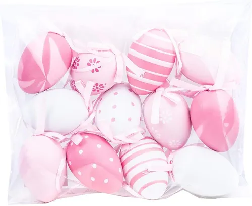 Ostereier Kunststoff pink weiß 6cm 12stk Eier Plastik zum Aufhängen Ostern Deko